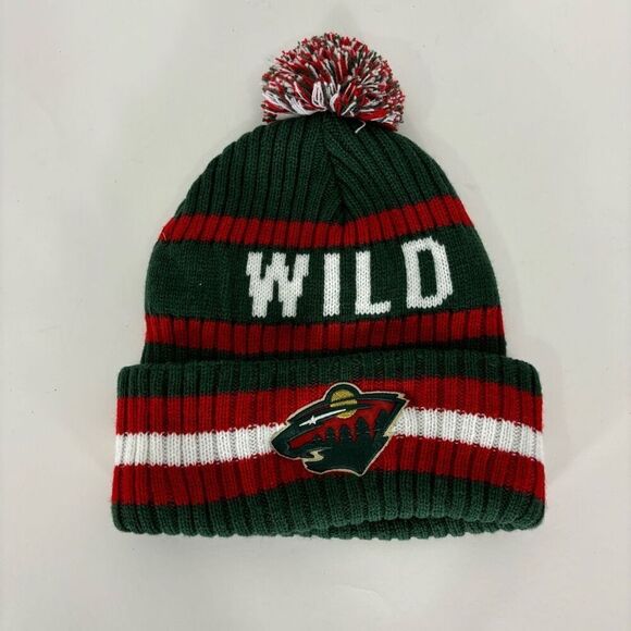 Minnesota Wild Hockey Green & Red Cuffed Winter Pom Pom Hat Unisex - Picture 1 of 6